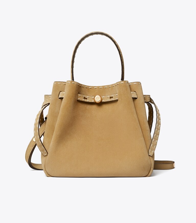 Tory Burch designer sacs à bandoulière Sac seau Romy en daim à surpiqûres dans Butter de face
