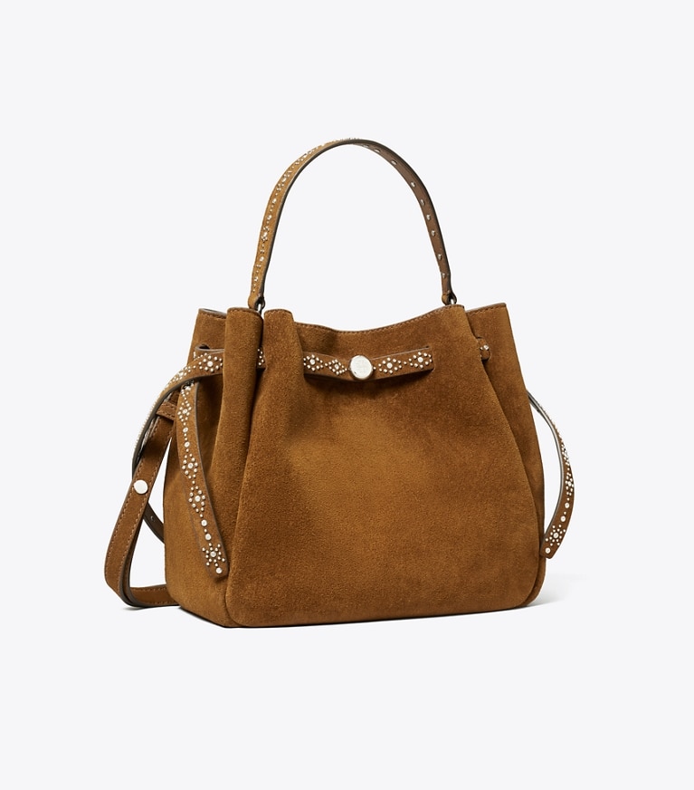 Tory Burch designer sacs à bandoulière Sac seau Romy en suède clouté dans Caramel angle