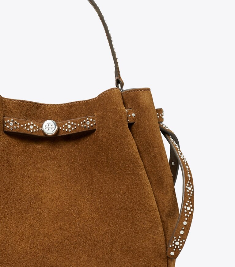 Tory Burch designer sacs à bandoulière Sac seau Romy en suède clouté dans Caramel détails