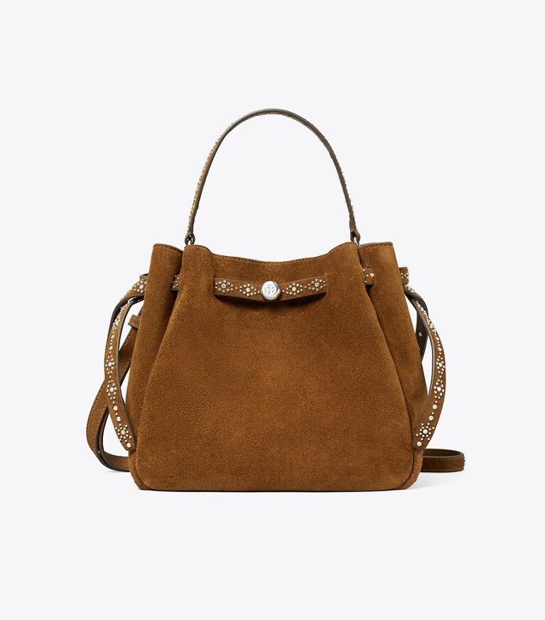Tory Burch designer sacs à bandoulière Sac seau Romy en suède clouté dans Caramel de face