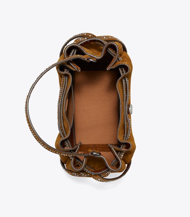 Tory Burch designer sacs à bandoulière Sac seau Romy en suède clouté dans Caramel vue du dessus