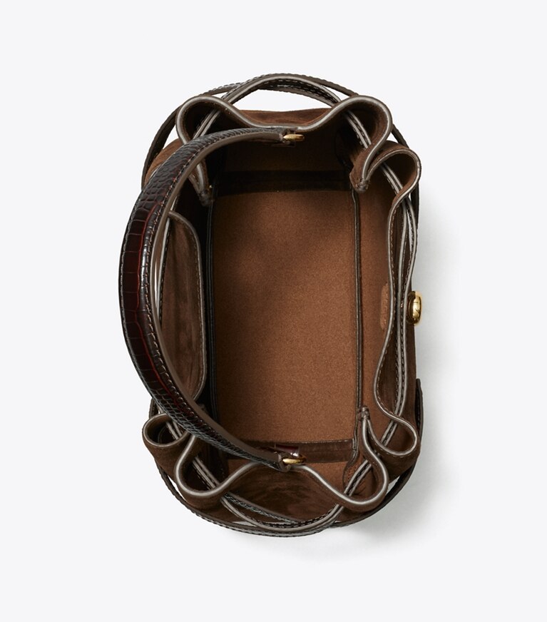 Tory Burch designer sacs à bandoulière Sac seau Romy en suède dans Dark Cocoa vue du dessus