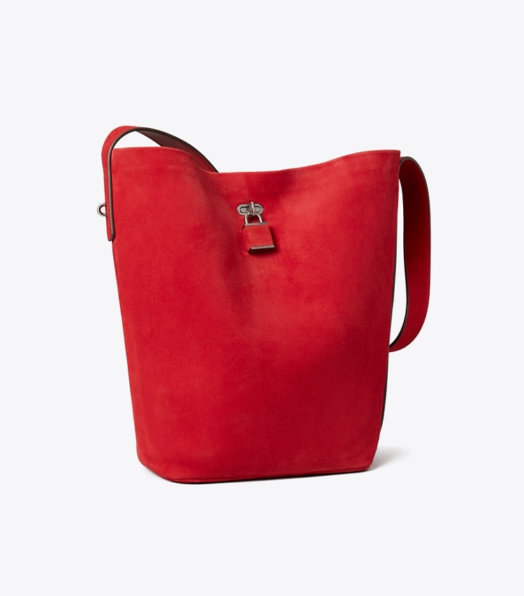 Tory Burch designer sacs porté épaule Sac seau Slim en daim in Toucan Red angle
