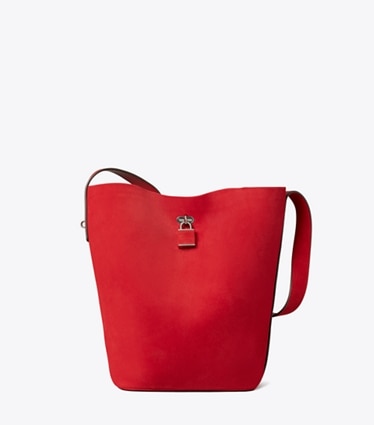 Tory Burch designer sacs porté épaule Sac seau Slim en daim in Toucan Red front
