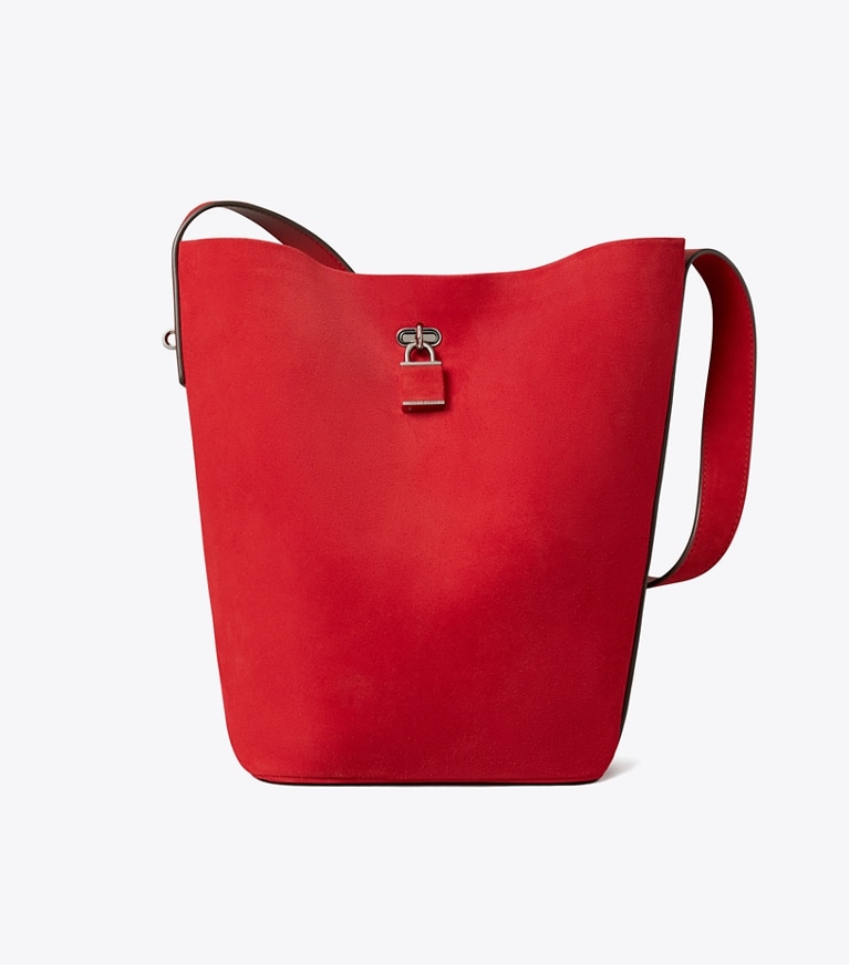 Tory Burch designer sacs porté épaule Sac seau Slim en daim in Toucan Red front