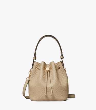 Tory Burch designer sacs à bandoulière Sac seau T Monogram en cuir grainé in Fresh Clay front