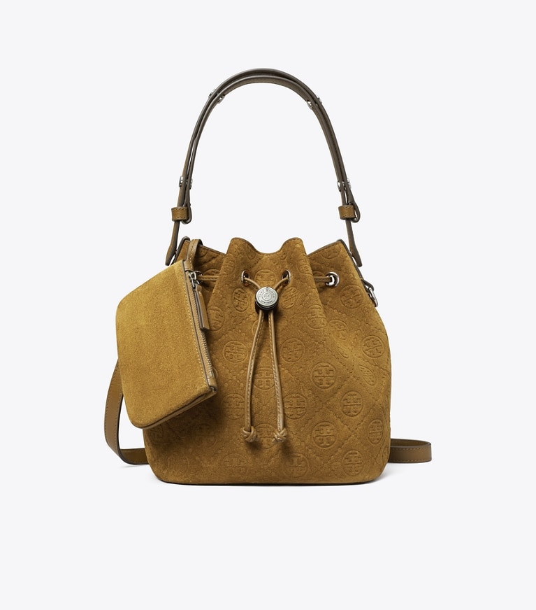 Tory Burch designer sacs à bandoulière Sac seau T Monogram en daim in CHICORY BROWN angle