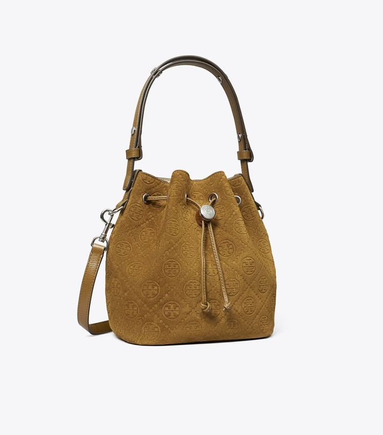 Tory Burch designer sacs à bandoulière Sac seau T Monogram en daim in CHICORY BROWN angle