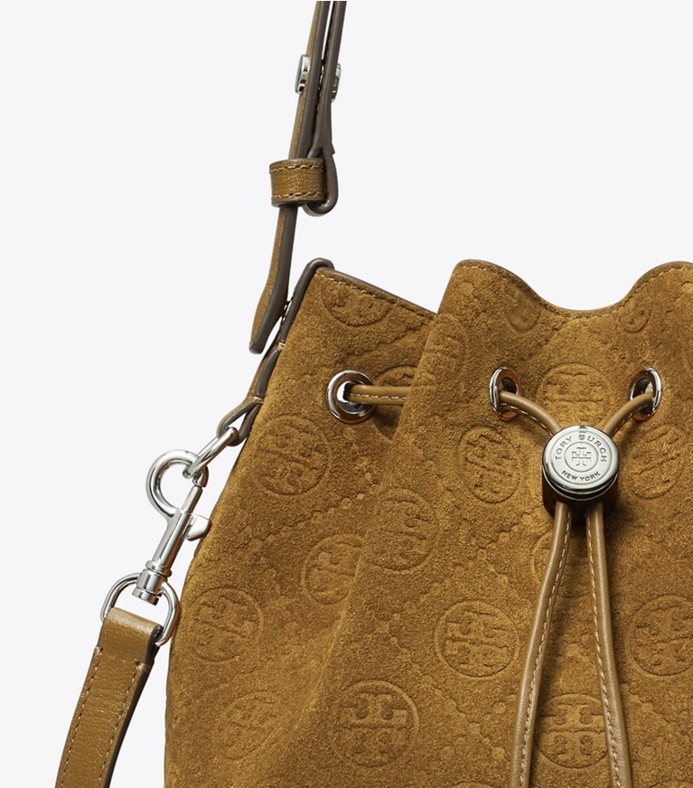 Tory Burch designer sacs à bandoulière Sac seau T Monogram en daim in CHICORY BROWN angle