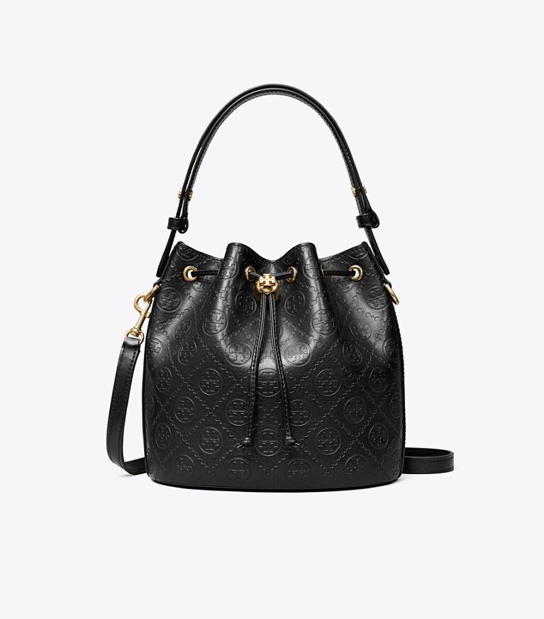 Tory Burch designer sacs à bandoulière Sac seau T Monogram en relief in Black angle