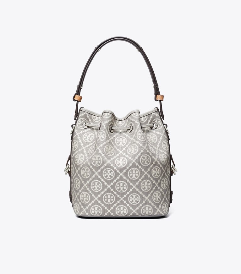 Tory Burch designer sacs à bandoulière Sac seau T Monogram style utilitaire in Gray angle