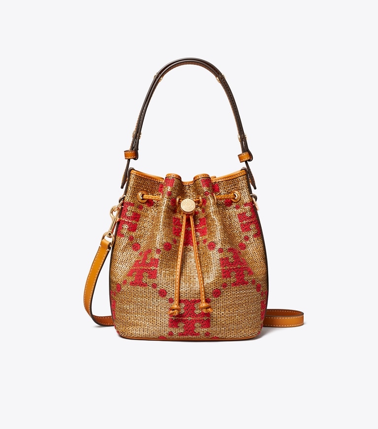 Tory Burch designer sacs à bandoulière Sac seau T Monogram tissé in Natural front