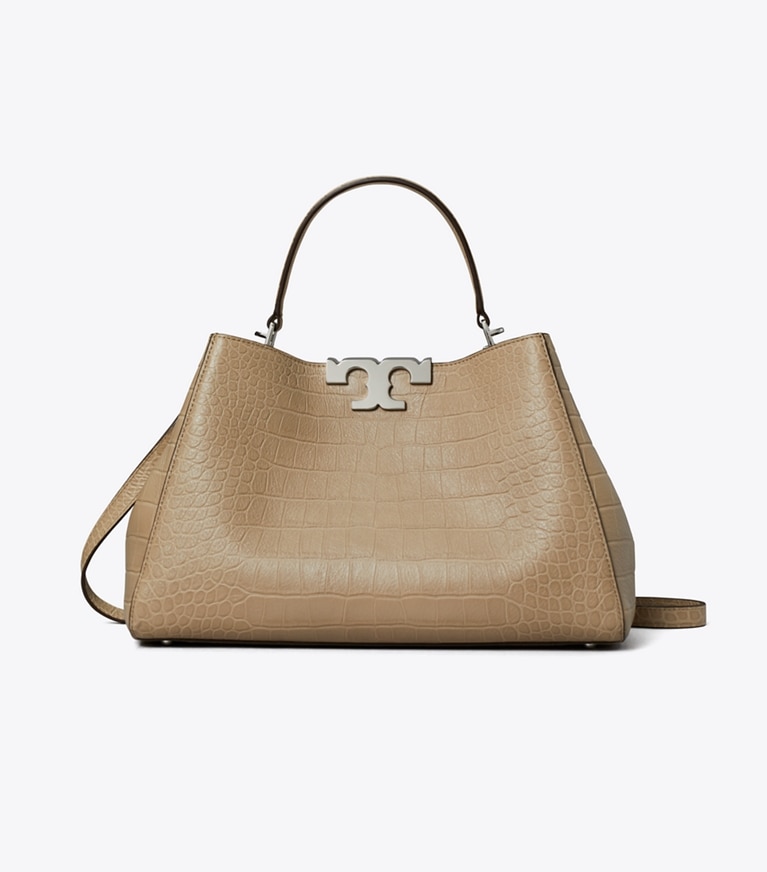 Tory Burch designer sac à main Sac souple Eleanor en cuir embossé façon crocodile dans Ginger Leaf de face