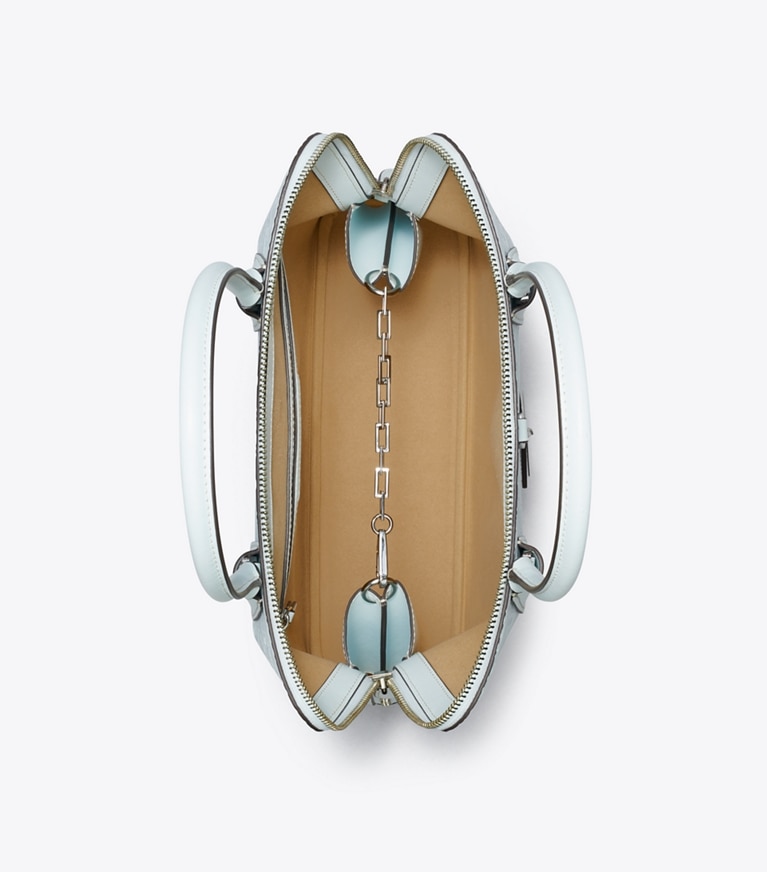 Tory Burch designer sac à main Sac Swing en cuir T Monogram dans Ice Blue vue du dessus