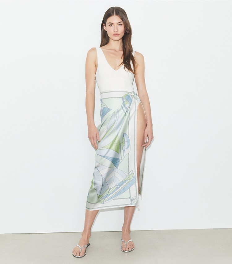 Tory Burch designer scarves Sailboat Spiral Silk Square Scarf in Mint accessory on model