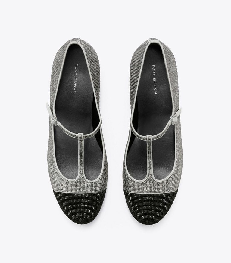 Tory Burch designer mocassins Salomés à talon et bout contrasté, pavées de cristaux in LAPIS GRAY / BLACK DIAMOND angle