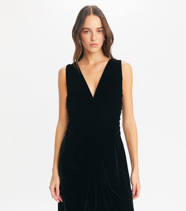 Tory Burch designer kleider Samtkleid mit V-Ausschnitt in Black front