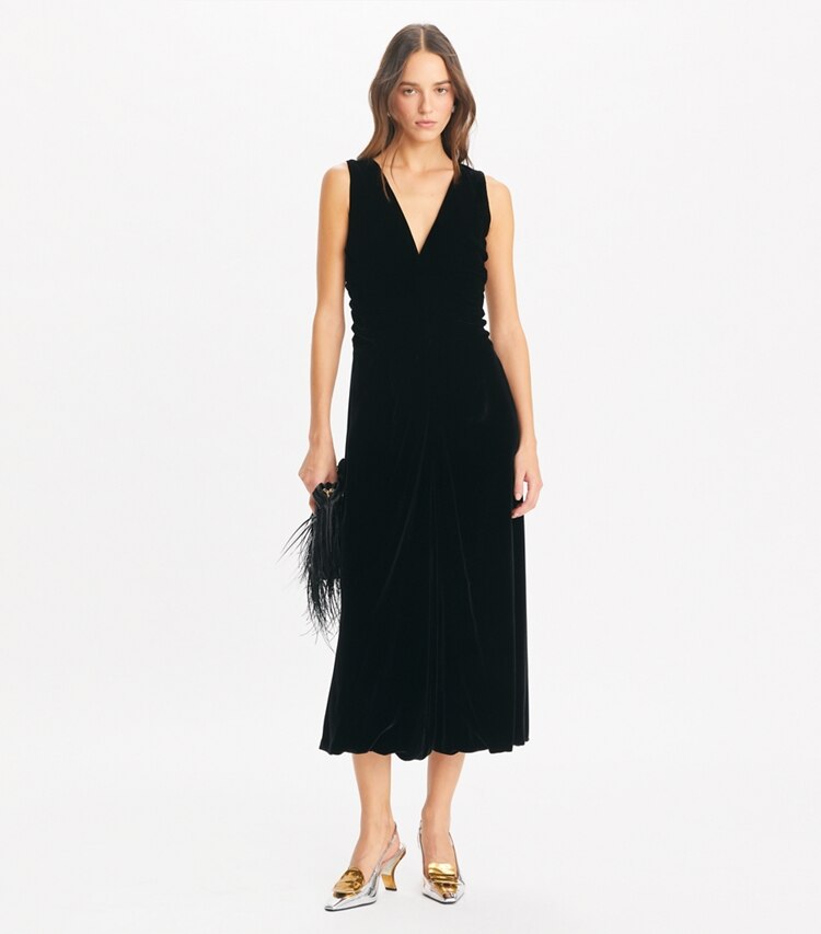 Tory Burch designer kleider Samtkleid mit V-Ausschnitt in Black modell von vorn