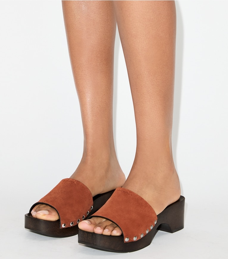 Tory Burch designer sandals Sandal Clog in SEQUOIA accessory on model