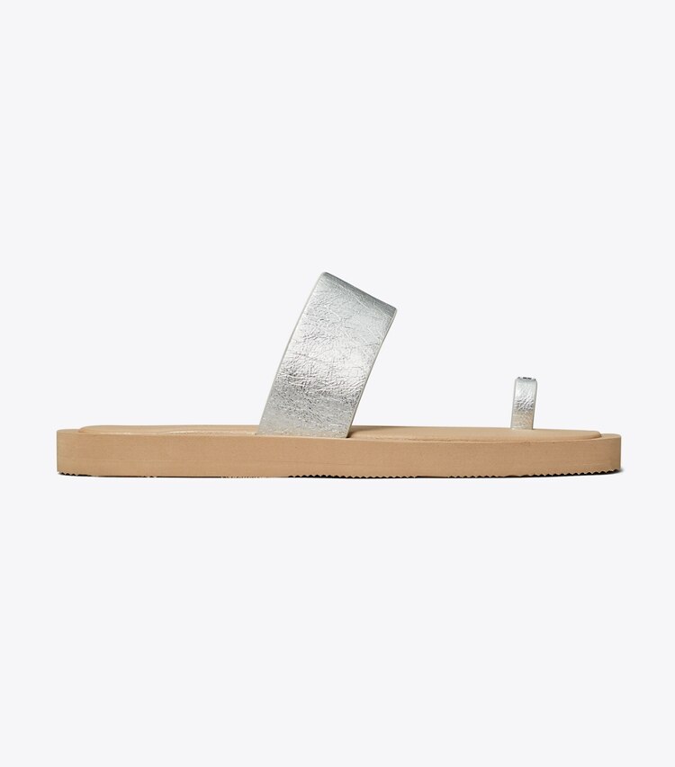 Tory Burch designer sandales Sandale à anneau dans SILVER / CHANTERELLE MUSHROOM de côté
