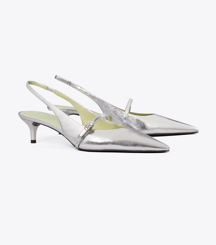 Tory Burch designer escarpins Sandale à bride arrière de style Charles IX avec boucle Double T dans SILVER angle