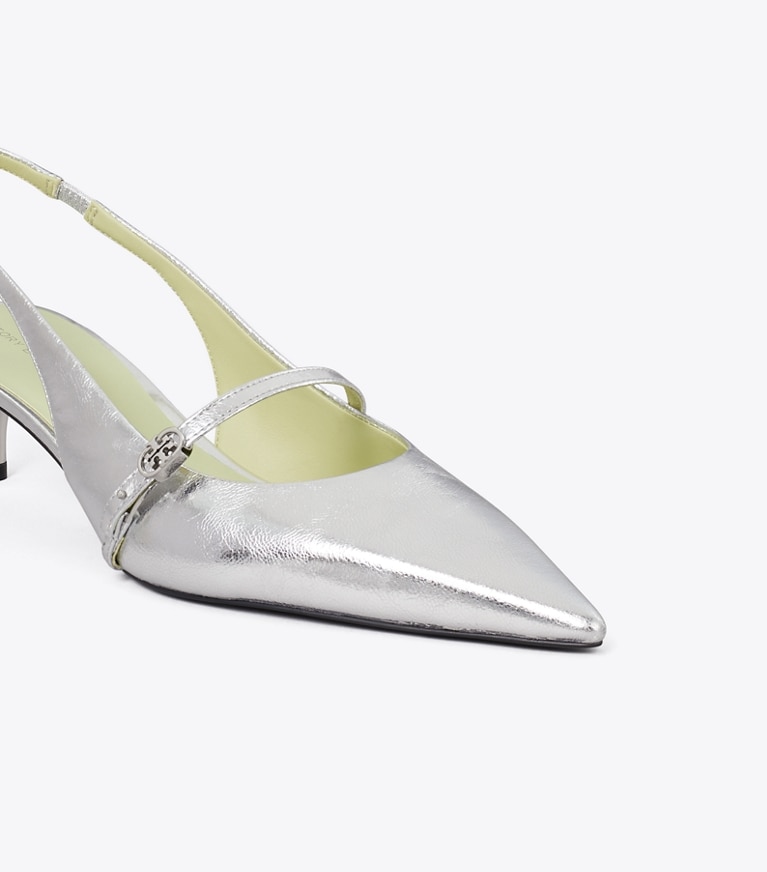 Tory Burch designer escarpins Sandale à bride arrière de style Charles IX avec boucle Double T dans SILVER détails