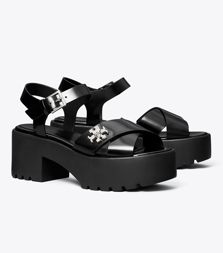 Tory Burch designer sandales Sandale à fermoir, plateforme et talon cranté dans BLACK angle