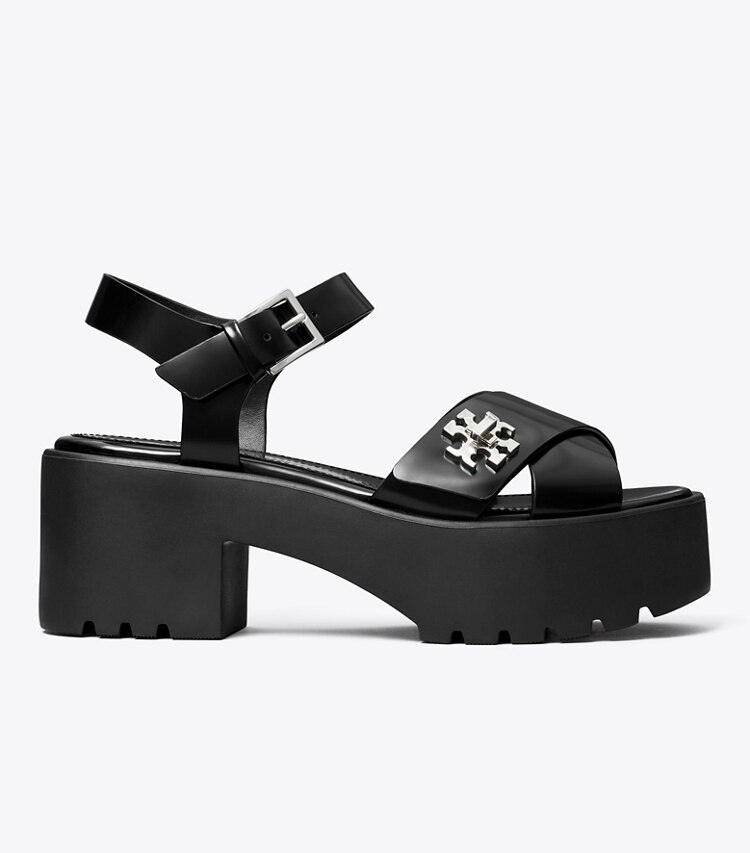 Tory Burch designer sandales Sandale à fermoir, plateforme et talon cranté dans BLACK de côté