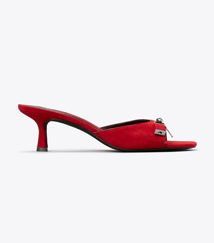 Tory Burch designer sandales Sandale à petit talon Lock dans TOUCAN RED / MERLOT / SILVER de côté