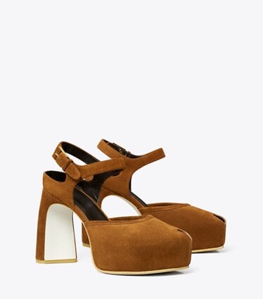 Tory Burch designer escarpins Sandale à plateforme et bout ouvert dans Caramel angle