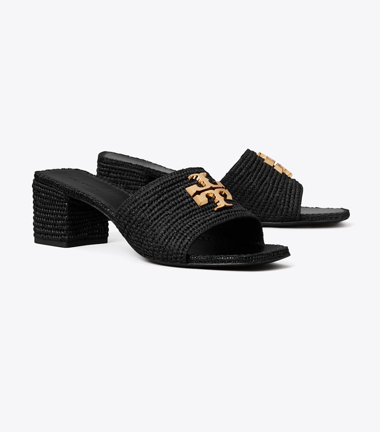 Tory Burch designer sandales Sandale à talon Eleanor en raphia dans BLACK / GOLD angle