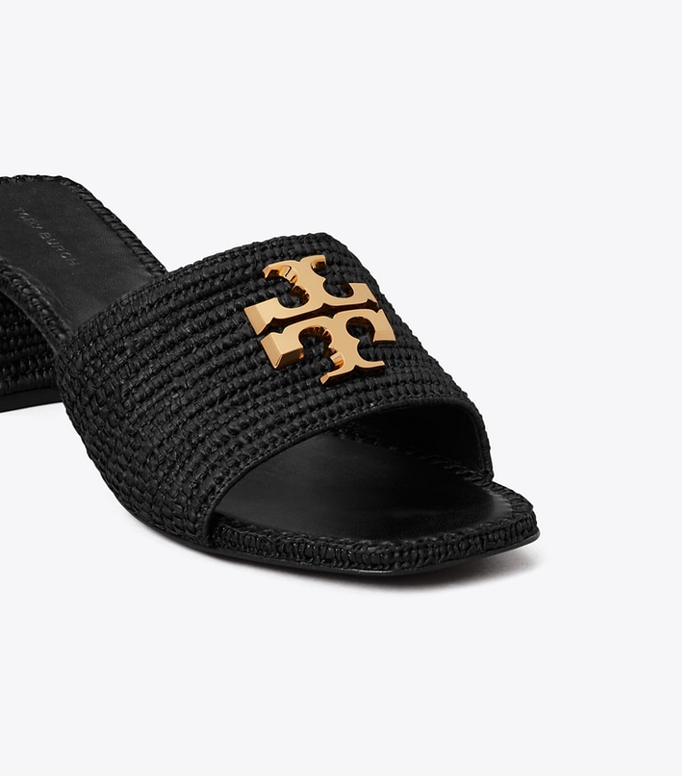 Tory Burch designer sandales Sandale à talon Eleanor en raphia dans BLACK / GOLD détails