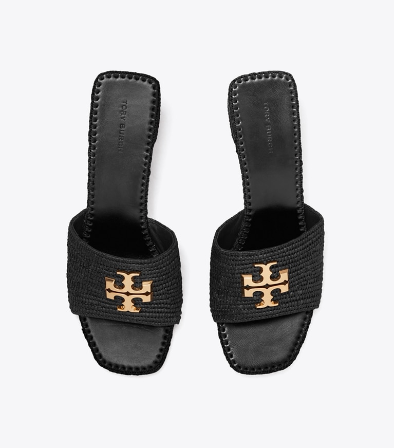 Tory Burch designer sandales Sandale à talon Eleanor en raphia dans BLACK / GOLD vue du dessus