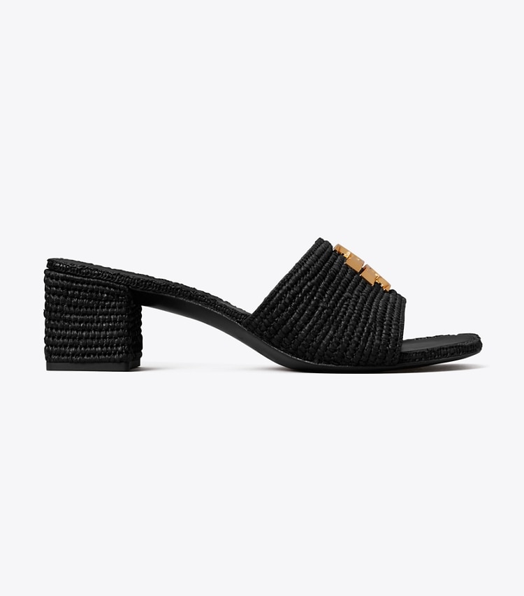 Tory Burch designer sandales Sandale à talon Eleanor en raphia dans BLACK / GOLD de côté
