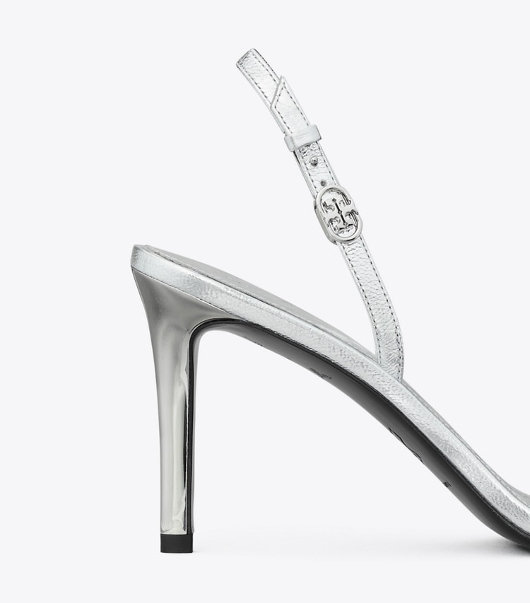 Tory Burch designer sandales Sandale à talon et boucle Double T dans SHINY SILVER détails
