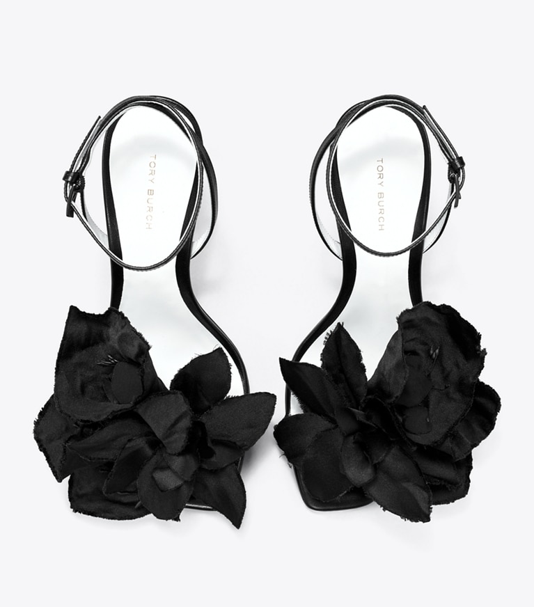 Tory Burch designer sandales Sandale à talon fleurie dans PERFECT BLACK vue du dessus