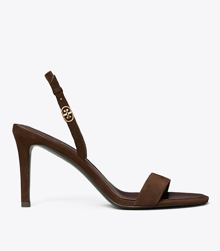 Tory Burch designer sandales Sandale à talons avec boucle Double T dans DARK COCOA de côté