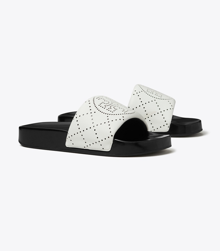 Tory Burch designer sandales Sandale de piscine Double T dans WHITE / BLACK INK angle