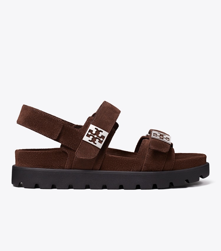 Tory Burch designer sandales Sandale de sport Mellow dans DARK COCOA / PERFECT BLACK / SILVER de côté