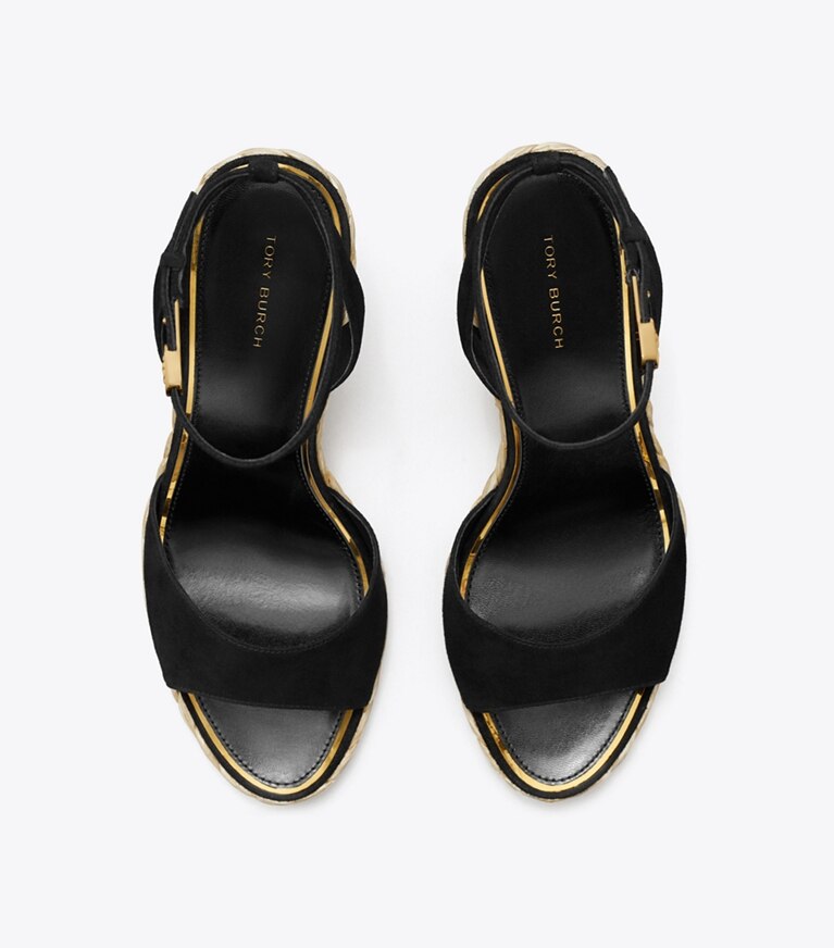 Tory Burch designer espadrilles Sandale en raphia à talon compensé dans PERFECT BLACK vue du dessus