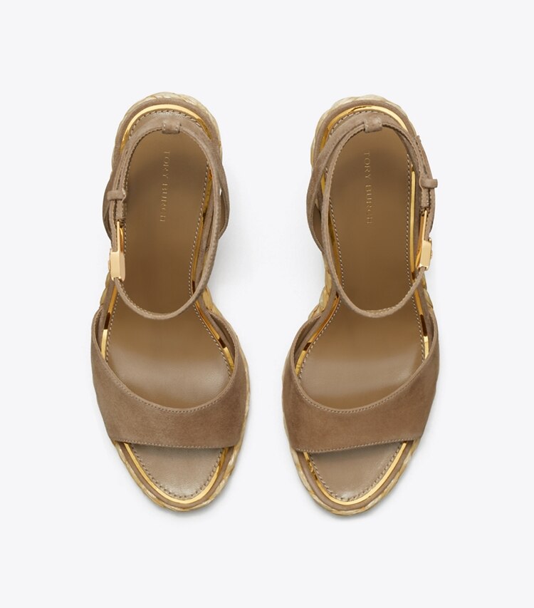 Tory Burch designer espadrilles Sandale en raphia à talon compensé dans RIVER ROCK vue du dessus