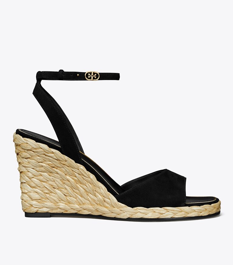 Tory Burch designer espadrilles Sandale en raphia à talon compensé dans PERFECT BLACK de côté