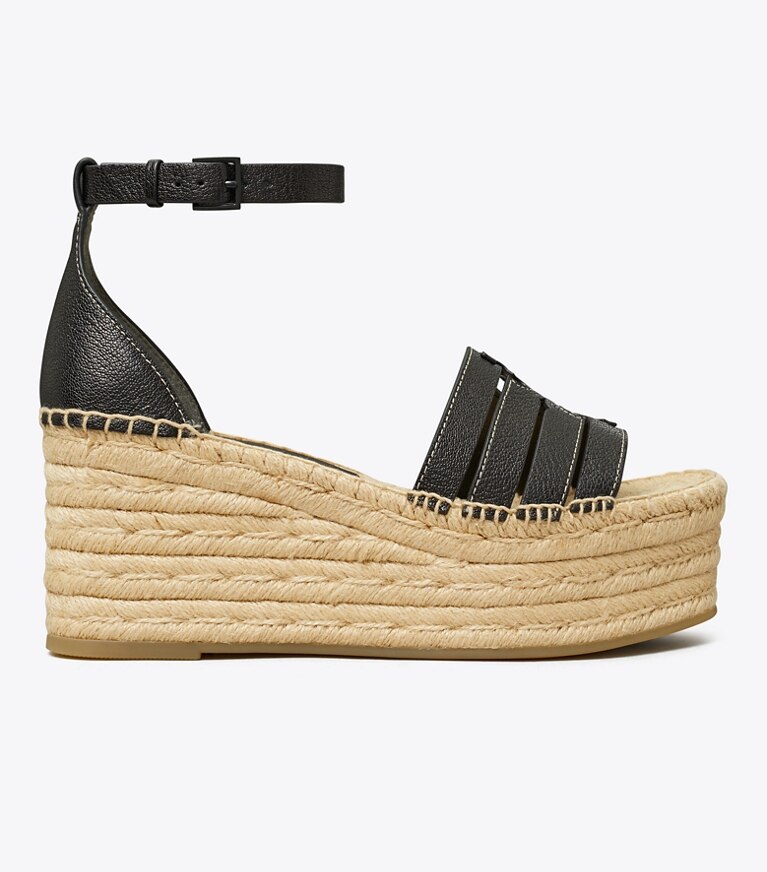 Tory Burch designer espadrilles Sandale espadrille à talon compensé Ines dans PERFECT BLACK de côté