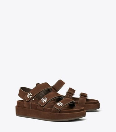 Tory Burch designer sandales Sandale Kira sport à triple bride dans DARK COCOA / SILVER angle