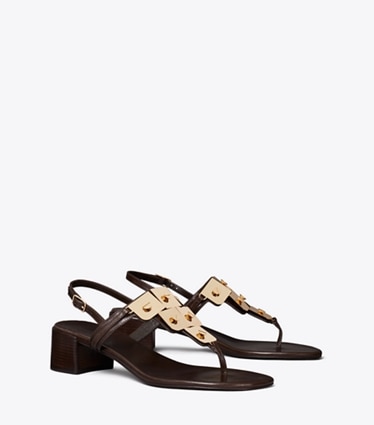 Tory Burch designer sandales Sandales à talon, plaque et rivets in DARK COCOA angle