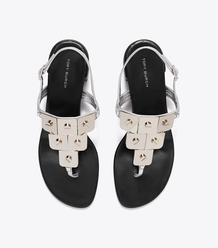 Tory Burch designer sandales Sandales à talon, plaque et rivets in SILVER dessus