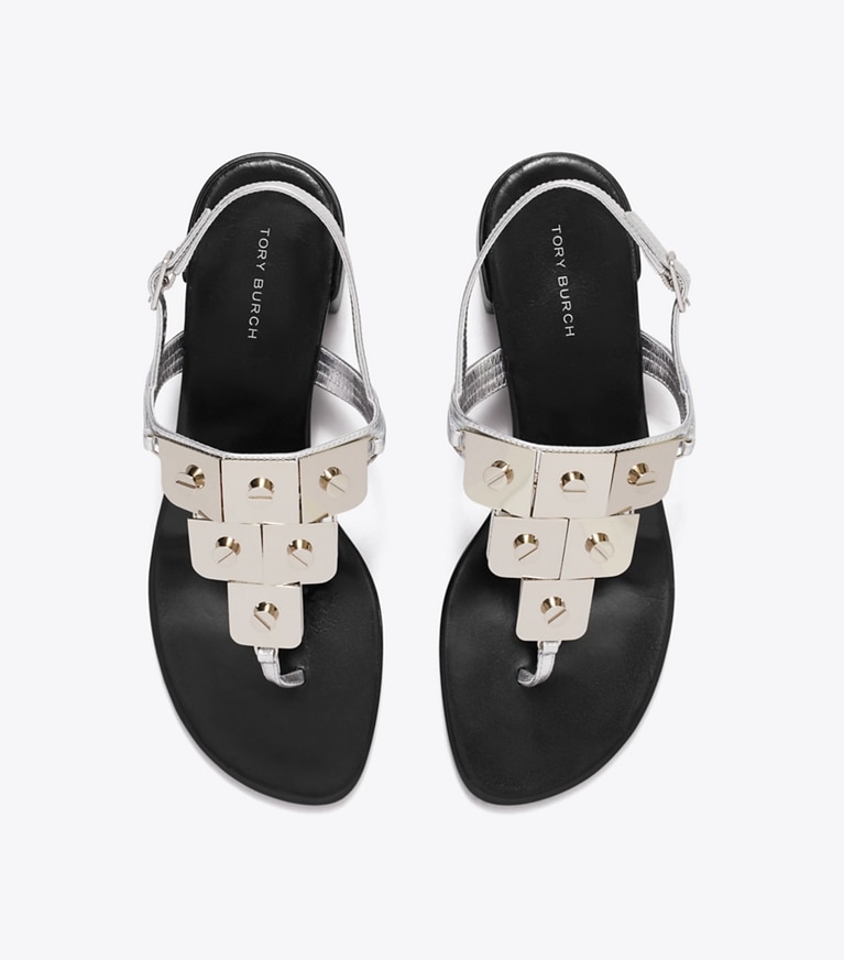 Tory Burch designer sandales Sandales à talon, plaque et rivets in SILVER dessus