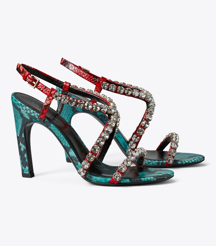 Tory Burch designer sandales Sandales à talon et bride ornée de cristaux in BEARBERRY / ATLAS / BLACK DIAMOND angle