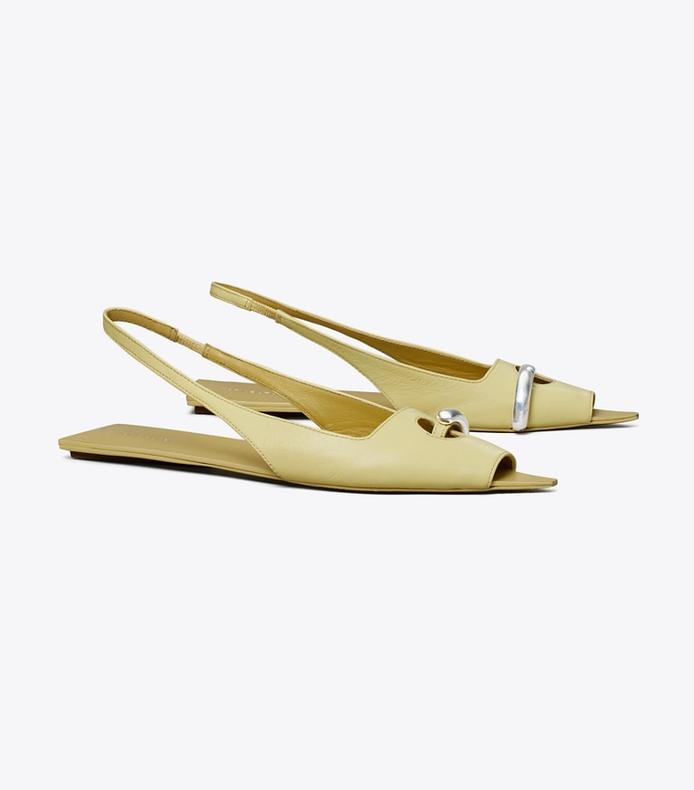 Tory Burch designer sandales Sandales plates à bride arrière Piercing in CREAM CORN / BEIGE / SILVER angle