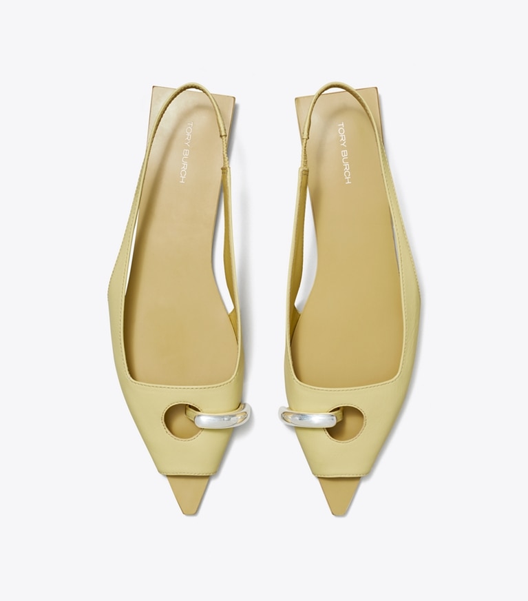 Tory Burch designer sandales Sandales plates à bride arrière Piercing in CREAM CORN / BEIGE / SILVER angle